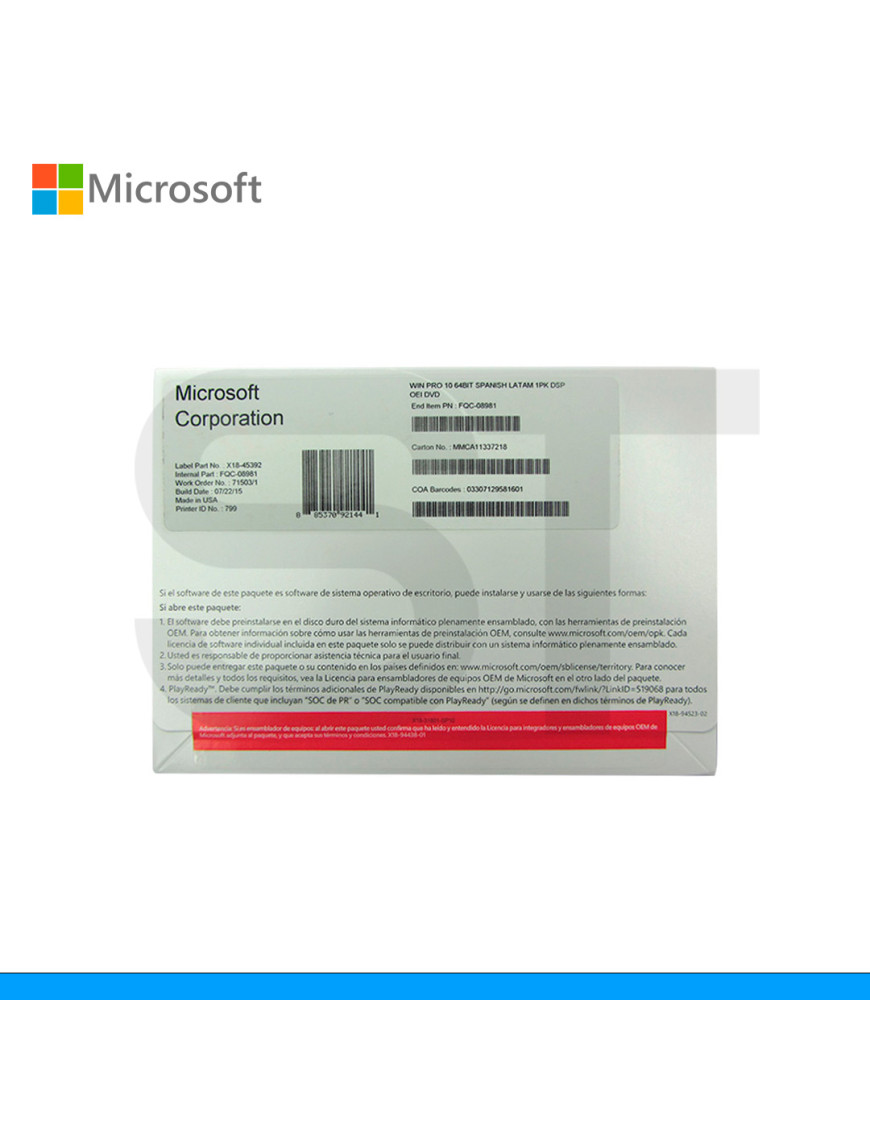 SISTEMA OPERATIVO MICROSOFT, WIN PRO 10, 64 BITS, ESPAÑOL, OEM, DVD. (PN: FQC-08981)