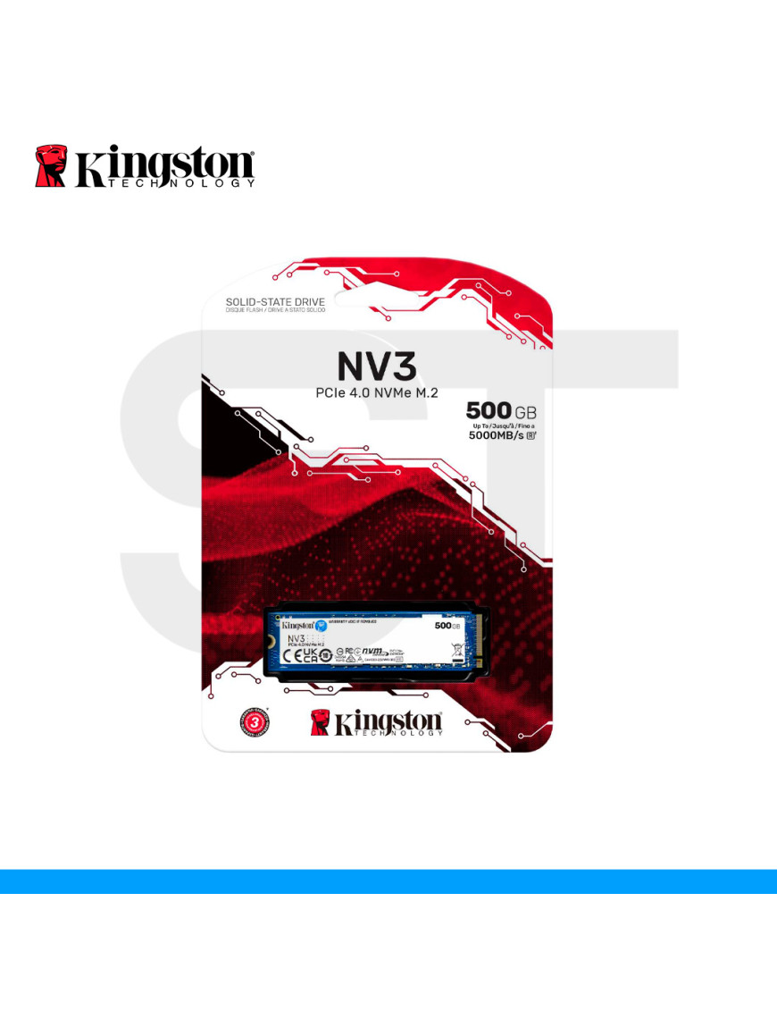 UNIDAD EN ESTADO SOLIDO KINGSTON, NV3, 500GB, M.2 NVME PCIE 4.0 x4. (PN: SNV3S/500G)